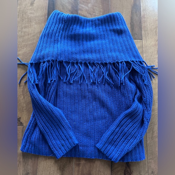 Chicco Sz 0 XS Blue Chunky Knit Pullover Sweater Fringe Cowl Neck Cotton - Picture 2 of 5